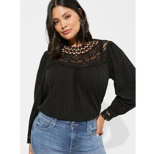 Torrid Black Cotton Lace Yoke Blouson Sleeve Peasant Boho Blouse 2X Coquette
